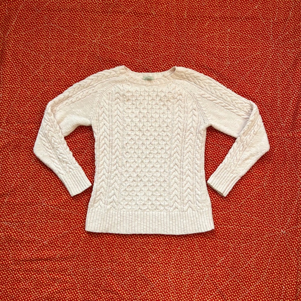 LL Bean Womens XS Pink Cotton Cable Knit Sweater Crewneck 511653 Raglan Sleeve